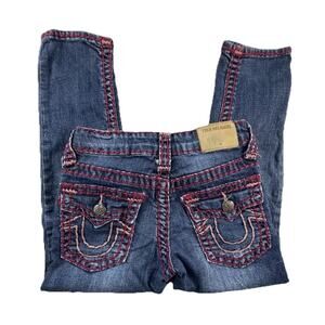 True Religion Girls Pink Super T Jeans, Size 5 Pink/Maroon Stitching